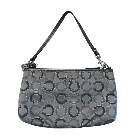 Coach Large Signature Wristlet Grey Silver Convertible Strap - Picture 1 of 8